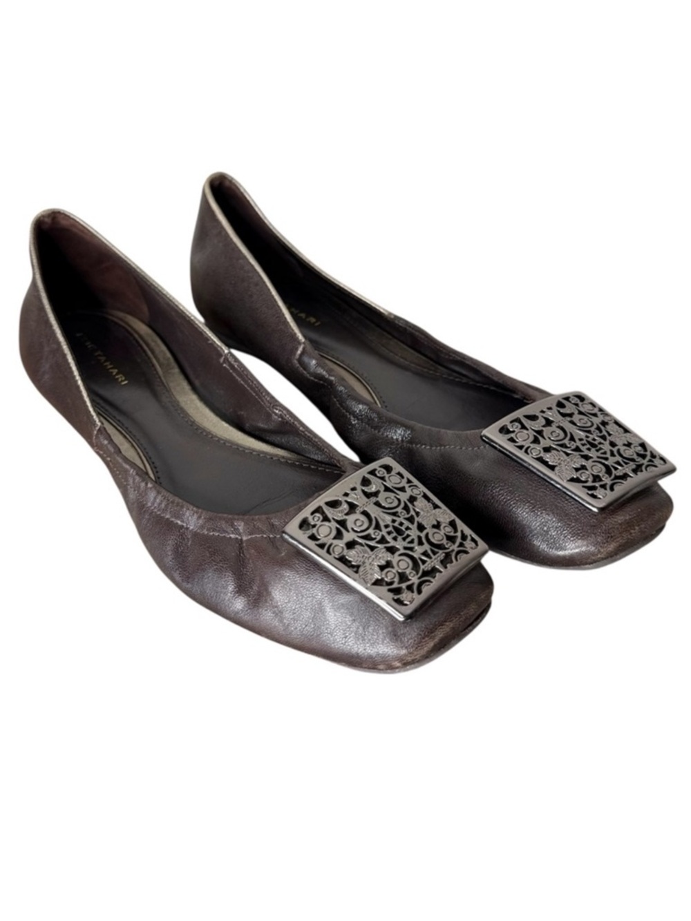 ELIE TAHARI Brown Leather Ballet Flats Square Metal Toe Embellishment Size 7